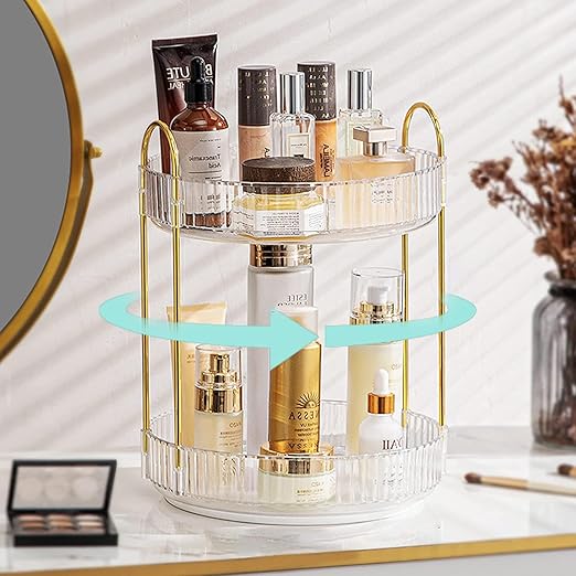 מדף אחסון שקוף מסתובב למוצרי קוסמטיקה 2 קומות